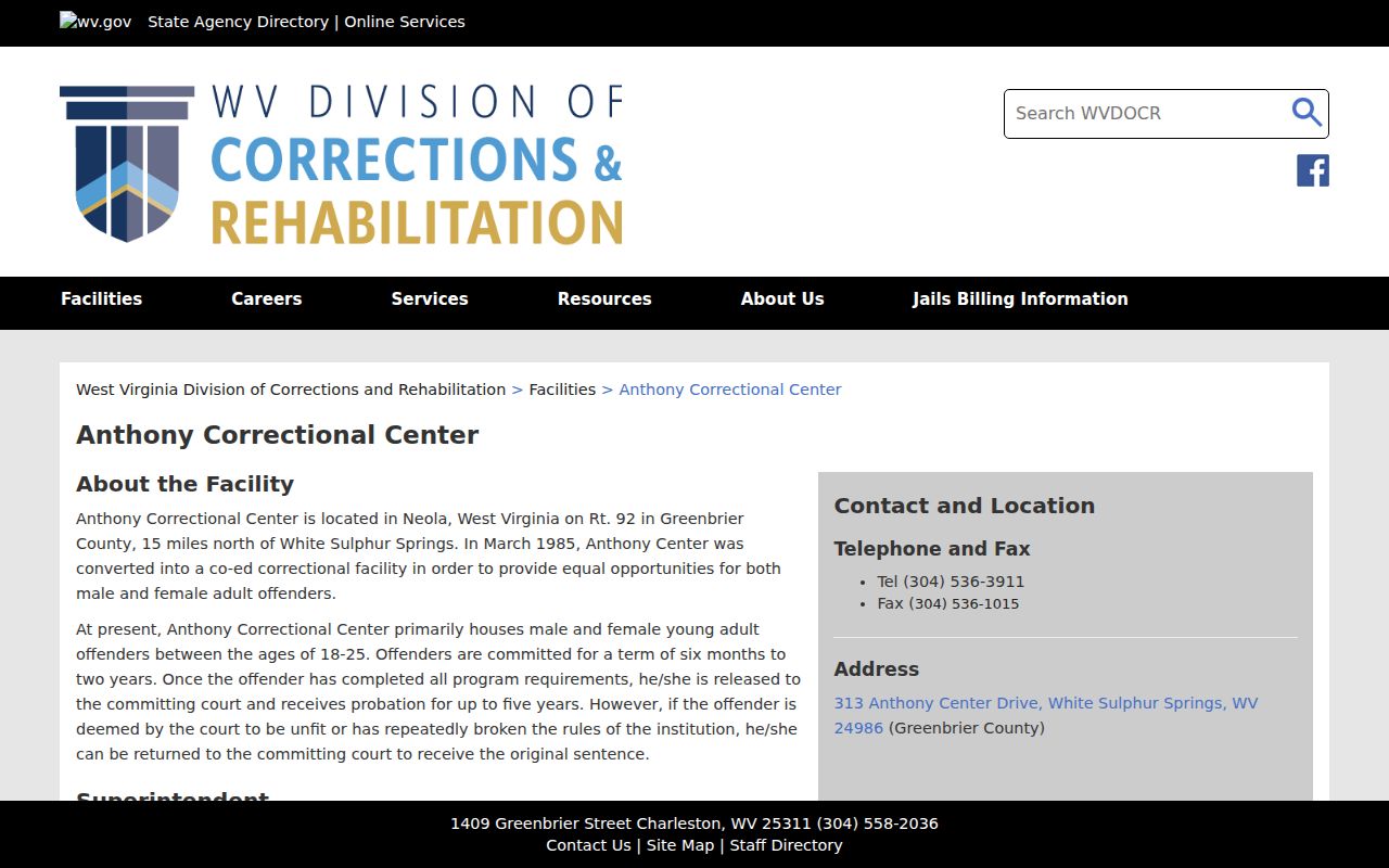 Greenbrier County arrest lookup Anthony Correctional Center profile