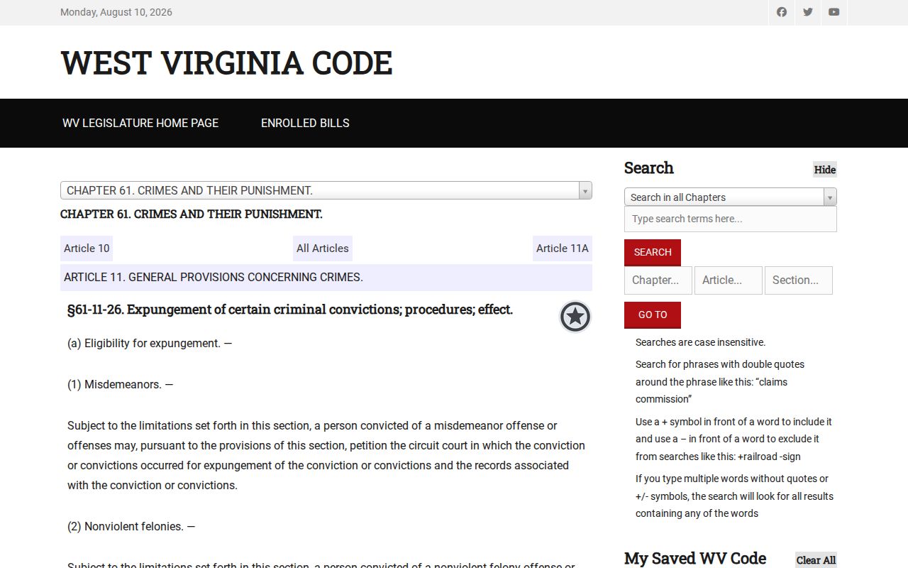 Greenbrier County criminal court case expungement statute