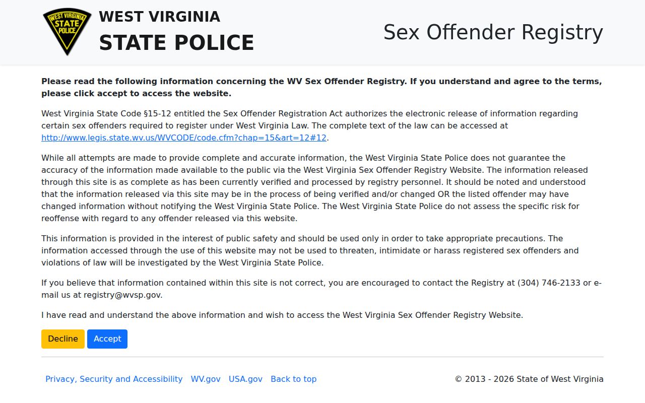 Greenbrier County sex offender search form on the West Virginia registry